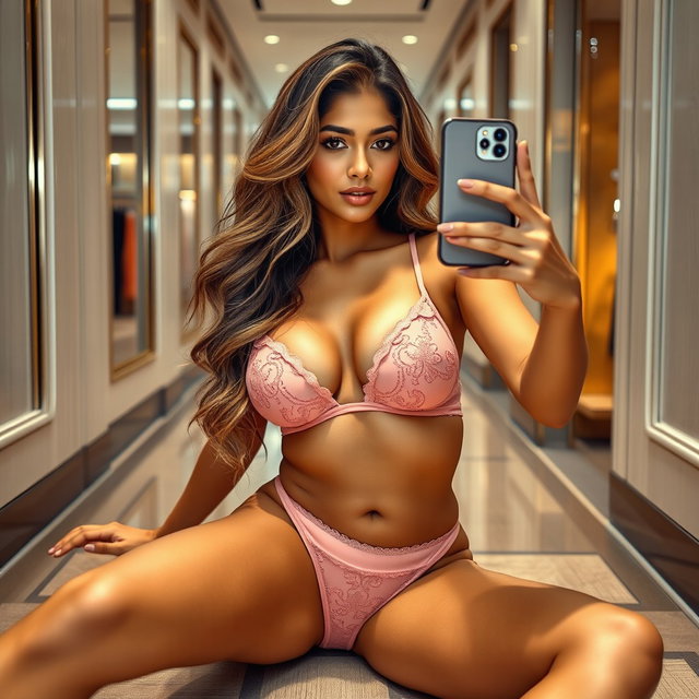 A gorgeous 18-year-old Arabic woman with an alluringly thin figure, showcasing large breasts, a tiny waist, and wide hips