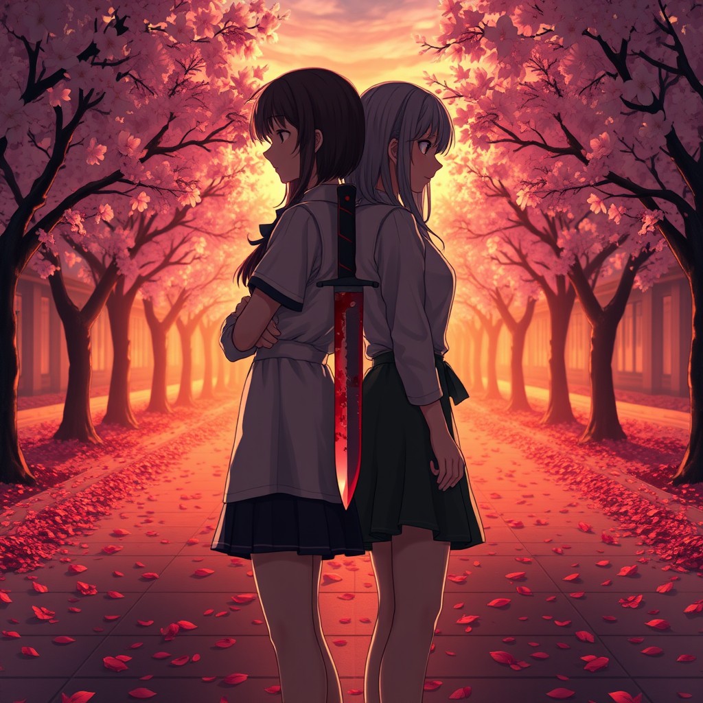 Two girls standing back to back in an academy courtyard full of cherry blossom trees