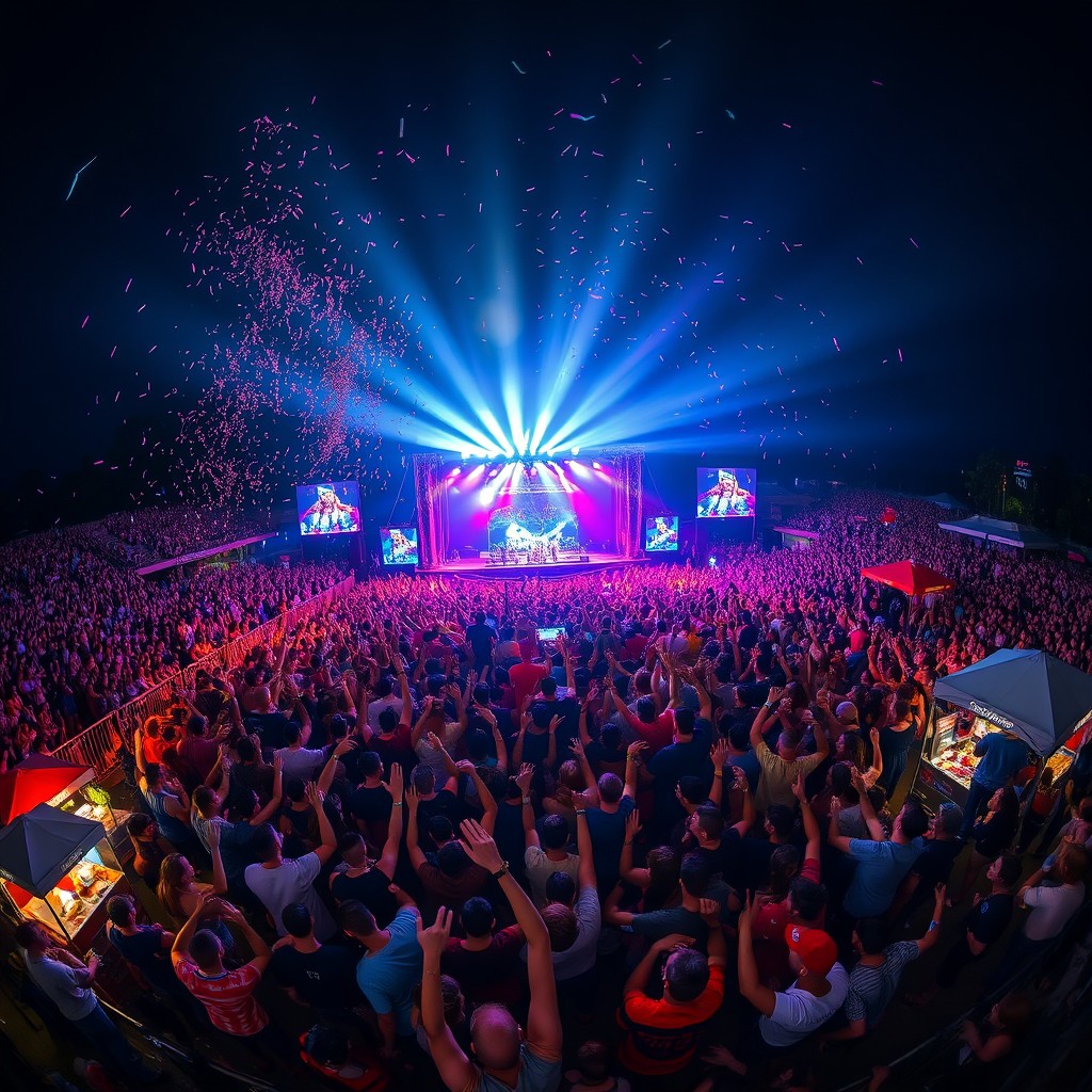 An immense crowd at a concert seen from above, capturing the vibrant energy and excitement of the audience