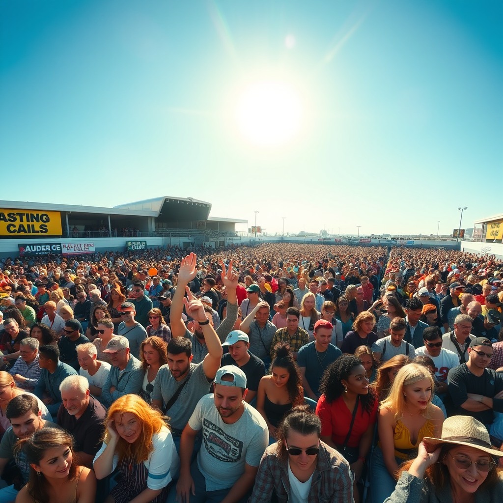 A vast casting audience viewed from the sky during the day, featuring a diverse crowd of people, all different ages and ethnicities, seated in a large open area with vibrant atmosphere, bright sunlight illuminating their faces, surrounded by colorful banners indicating casting calls, with a clear blue sky as the backdrop