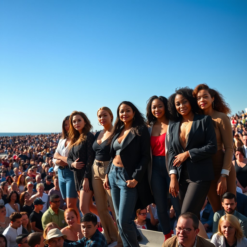 A group of confident women standing in front of a vast audience at a casting event, viewed from the air during the day