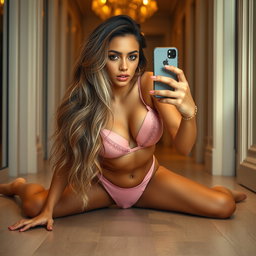 An enchanting 18-year-old Arabic woman with a stunningly thin body characterized by large breasts, a tiny waist, and very wide hips