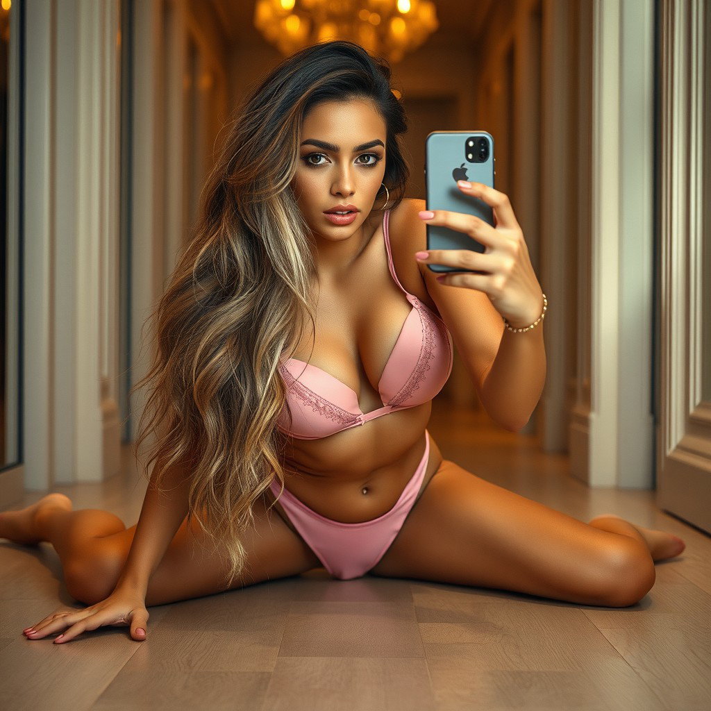 An enchanting 18-year-old Arabic woman with a stunningly thin body characterized by large breasts, a tiny waist, and very wide hips