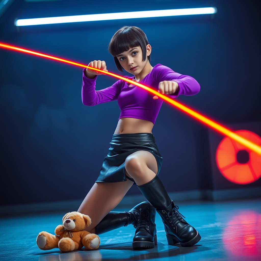 A slender teenage girl with boy-cut hair is striking a dynamic pose as she shoots a powerful laser beam from her eyes