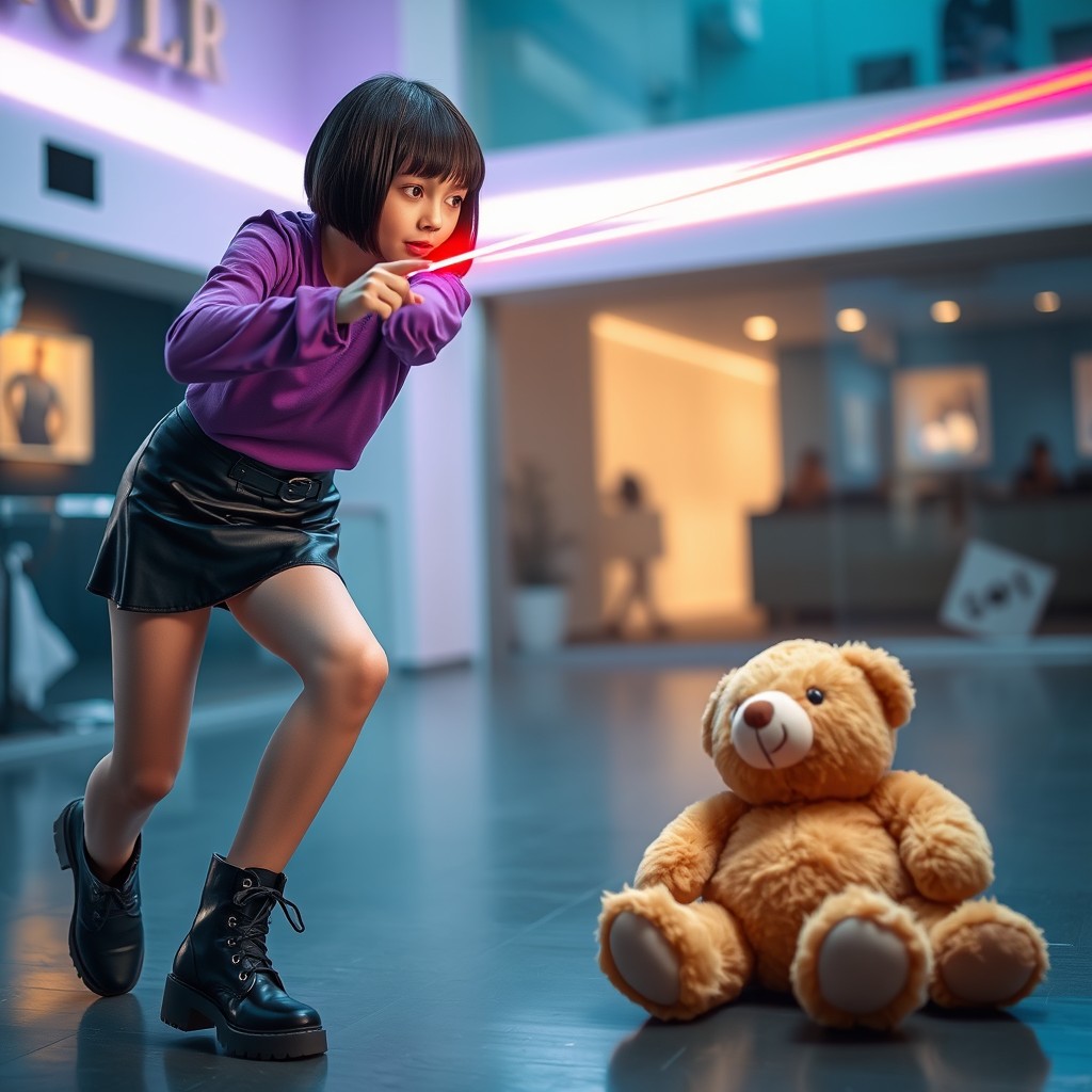 A slender teenage girl with boy-cut hair is dramatically shooting a laser beam from her eyes, targeting a teddy bear on the floor