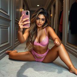 An alluring 18-year-old Arabic woman with a stunningly thin figure defined by large breasts, a tiny waist, and very wide hips