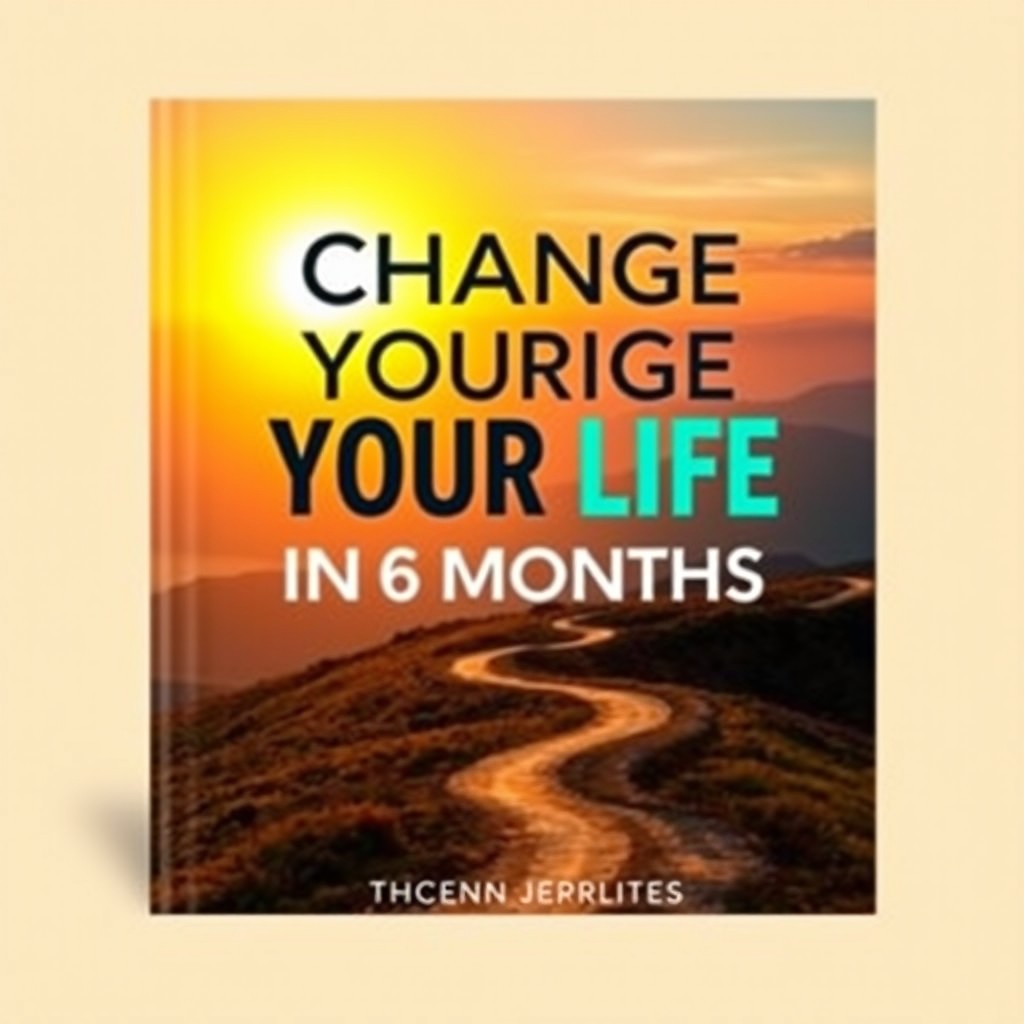 A fresh and inspiring book cover for 'Change Your Life in 6 Months', featuring a vibrant sunrise over a scenic landscape symbolizing new beginnings