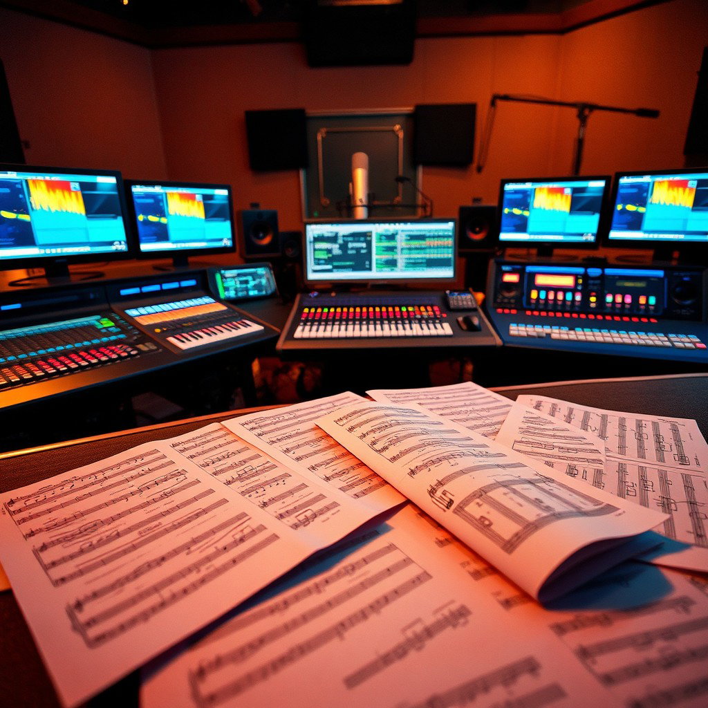 A detailed view of a music partition spread across a professional recording studio mixing desk, featuring various sheets of music notes, annotations, and a high-tech digital audio workstation