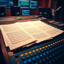 A detailed view of a music partition spread across a professional recording studio mixing desk, featuring various sheets of music notes, annotations, and a high-tech digital audio workstation