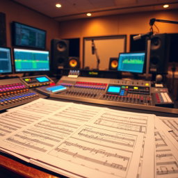 A detailed view of a music partition spread across a professional recording studio mixing desk, featuring various sheets of music notes, annotations, and a high-tech digital audio workstation