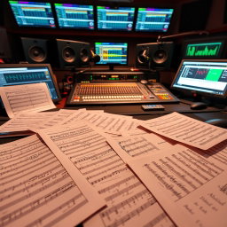 A detailed view of a music partition spread across a professional recording studio mixing desk, featuring various sheets of music notes, annotations, and a high-tech digital audio workstation