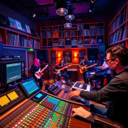 A vibrant and dynamic scene in a recording studio, with a professional mixing desk filled with colorful knobs, sliders, and screens displaying audio waveforms