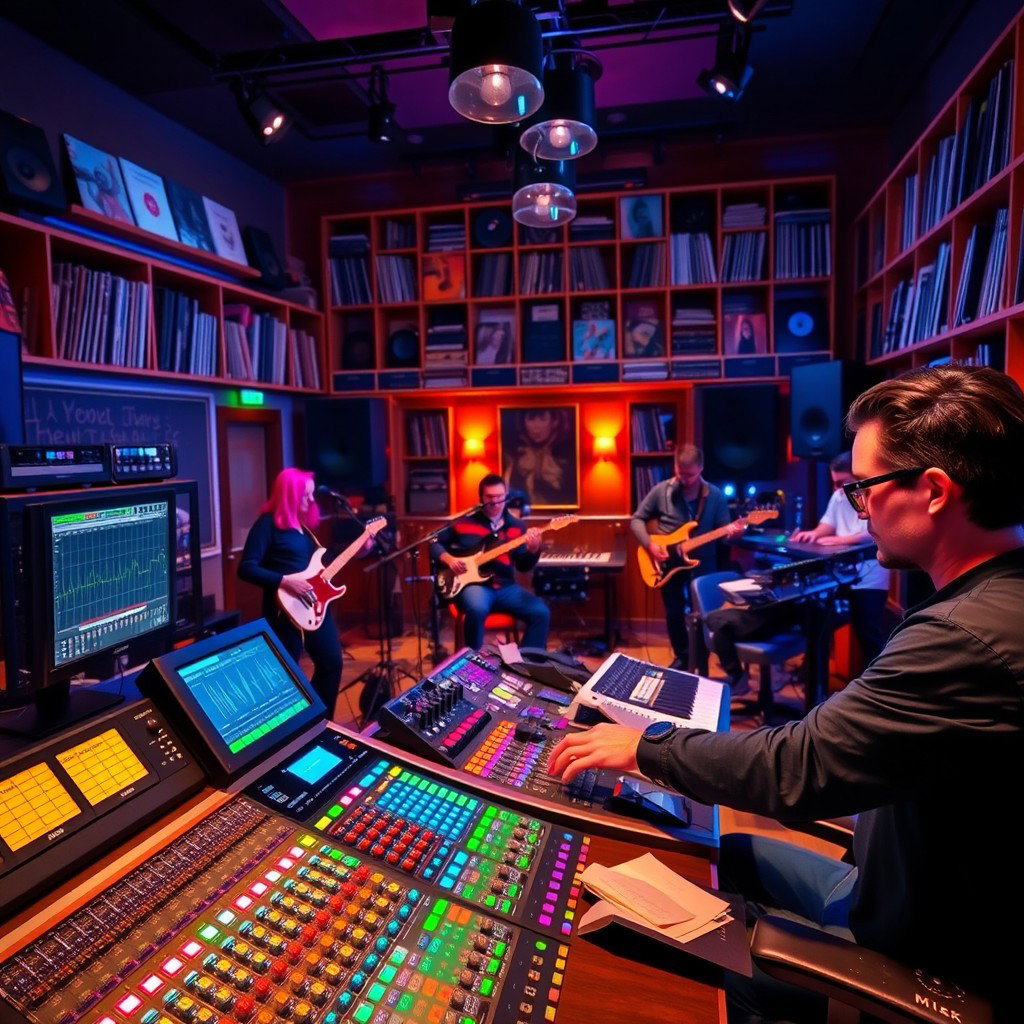 A vibrant and dynamic scene in a recording studio, with a professional mixing desk filled with colorful knobs, sliders, and screens displaying audio waveforms