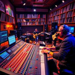 A vibrant and dynamic scene in a recording studio, with a professional mixing desk filled with colorful knobs, sliders, and screens displaying audio waveforms