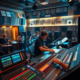 A vibrant and dynamic scene in a recording studio, with a professional mixing desk filled with colorful knobs, sliders, and screens displaying audio waveforms