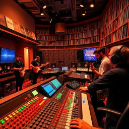 A vibrant and dynamic scene in a recording studio, with a professional mixing desk filled with colorful knobs, sliders, and screens displaying audio waveforms
