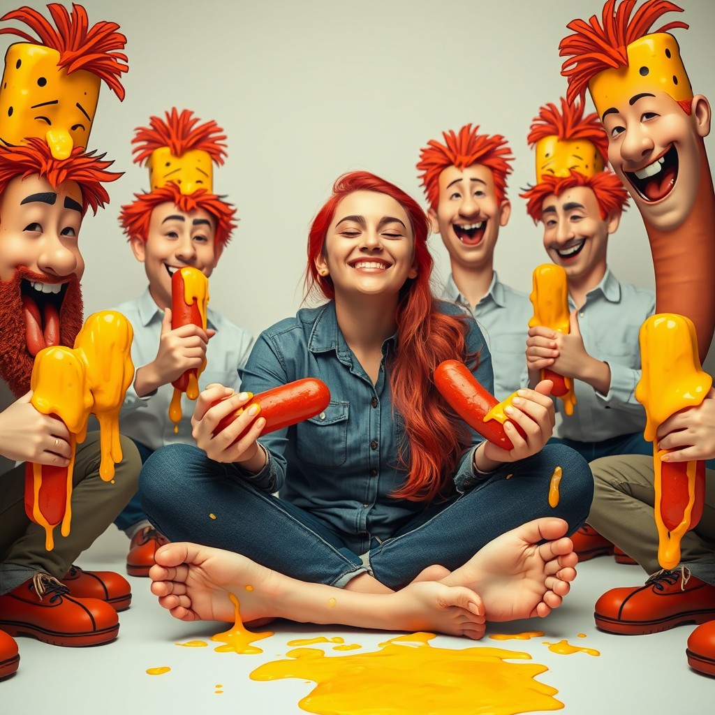 A whimsical scene featuring a young woman of Pakistani descent with bright red hair, sitting comfortably in a crisscross position
