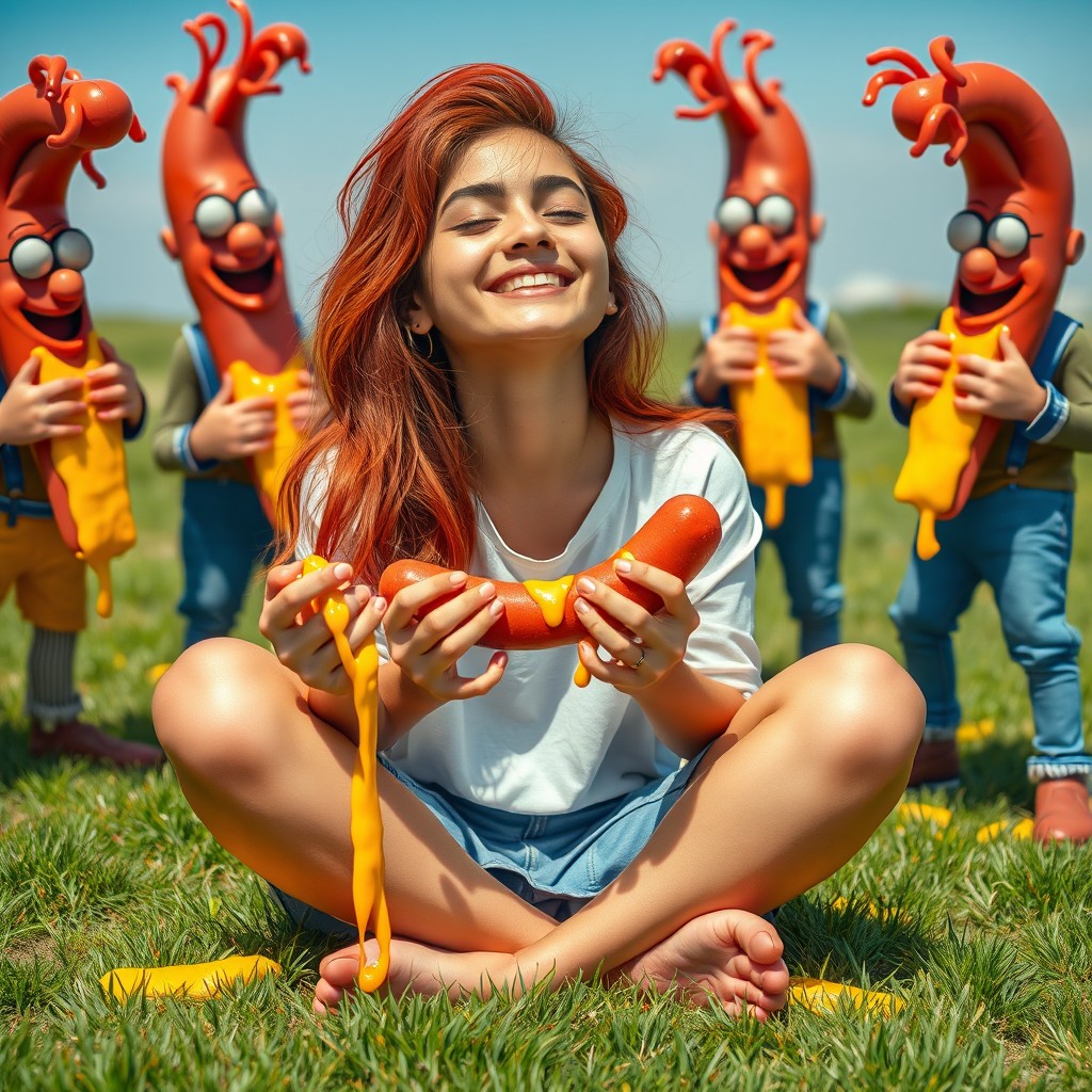 A whimsical scene depicting an 18-year-old Pakistani girl with vibrant red hair, sitting cross-legged on the ground, smiling with her eyes closed