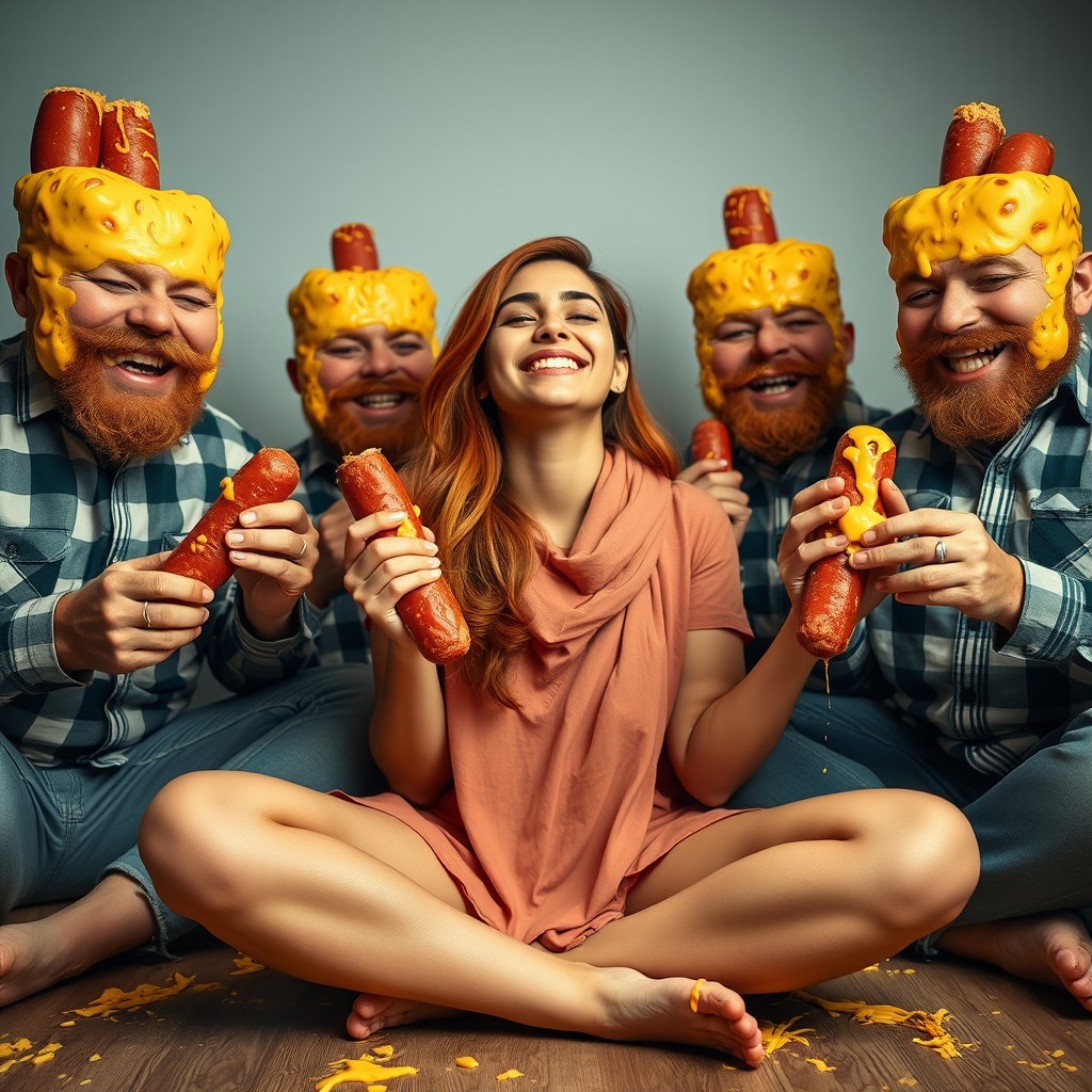A young Pakistani woman with vibrant red hair, playfully sitting cross-legged while smiling with eyes closed, surrounded by amusing and exaggerated redneck men who have quirky features and cheese-covered kielbasa for heads