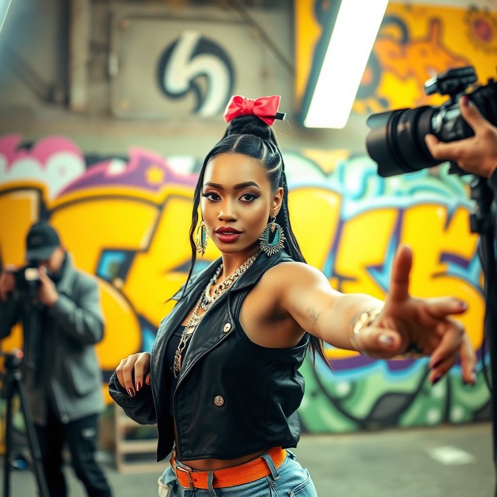 A beautiful female rapper striking a pose during a photoshoot in front of a photographer