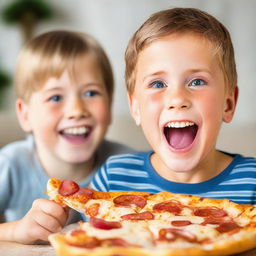 A young boy enjoying a large slice of pizza with a joyful expression on his face.