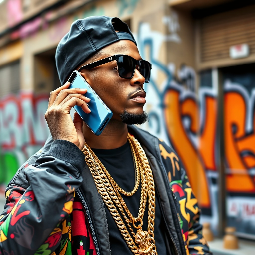 A rapper in a stylish outfit, talking on his mobile phone, captured in a profile view from the left