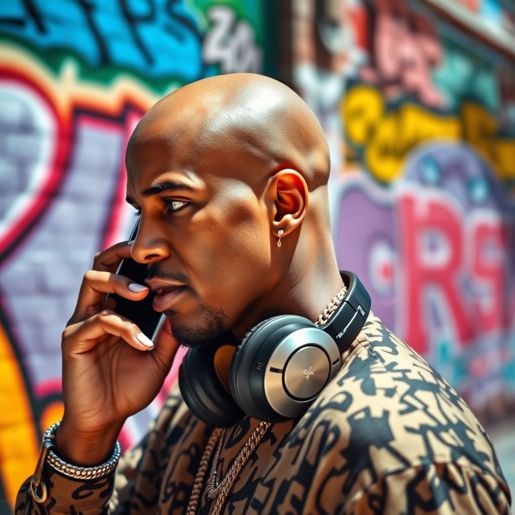 A bald rapper depicted in a left profile view, engaged in a conversation on his mobile phone