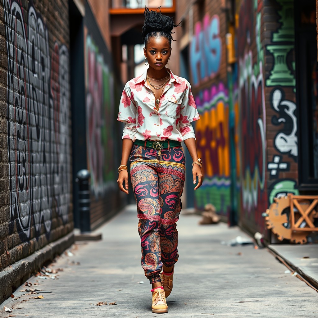 A beautiful female rapper dressed in a shirt with pink and orange patterns and multicolored patterned pants, walking on the sidewalk of a street adorned with vibrant graffiti on the walls