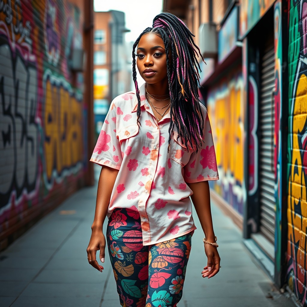 A beautiful female rapper with multicolored braids, wearing a shirt with pink and orange patterns and colorful patterned pants, walking on the sidewalk of a street adorned with vibrant graffiti on the walls