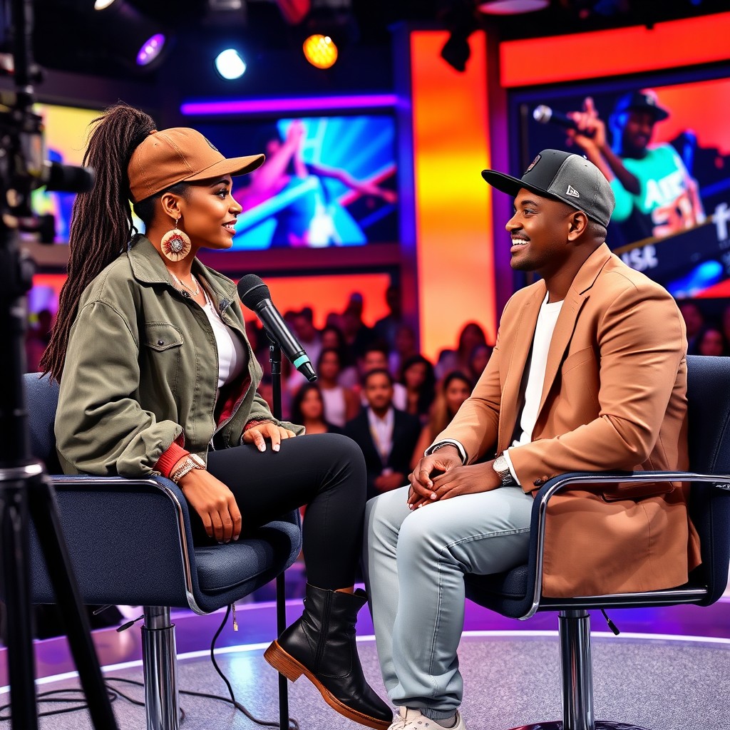 A beautiful female rapper being interviewed on a television set, with bright studio lights and colorful backdrops