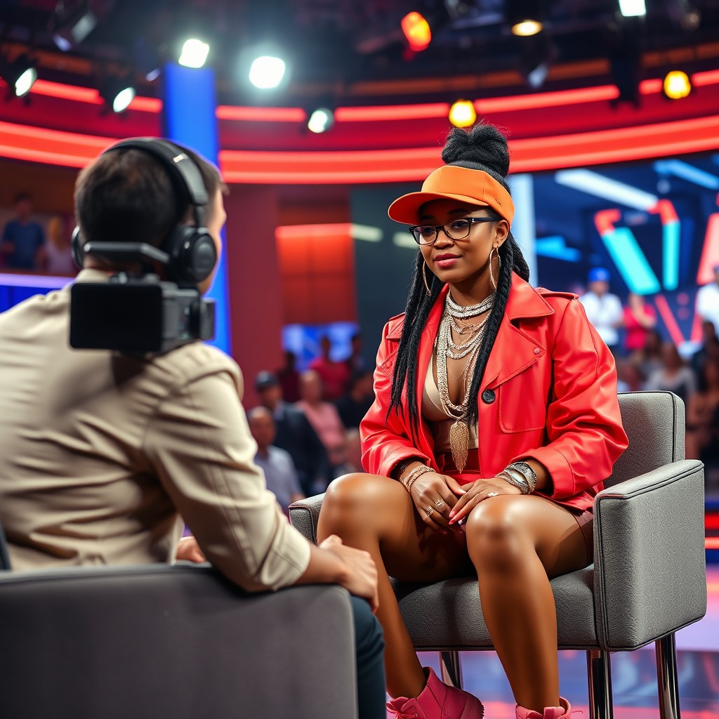 A beautiful female rapper sitting confidently on a television interview set, with bright studio lights shining around her