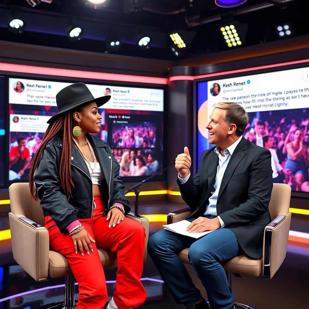 A beautiful female rapper having an interview on a television set with a charismatic male host