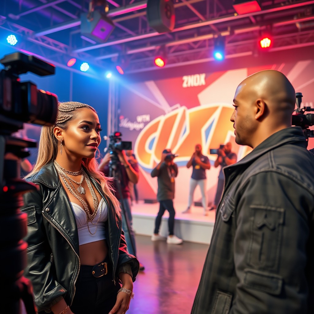 A beautiful female rapper engaging in conversation with a bald male rapper on the set of a music video shoot