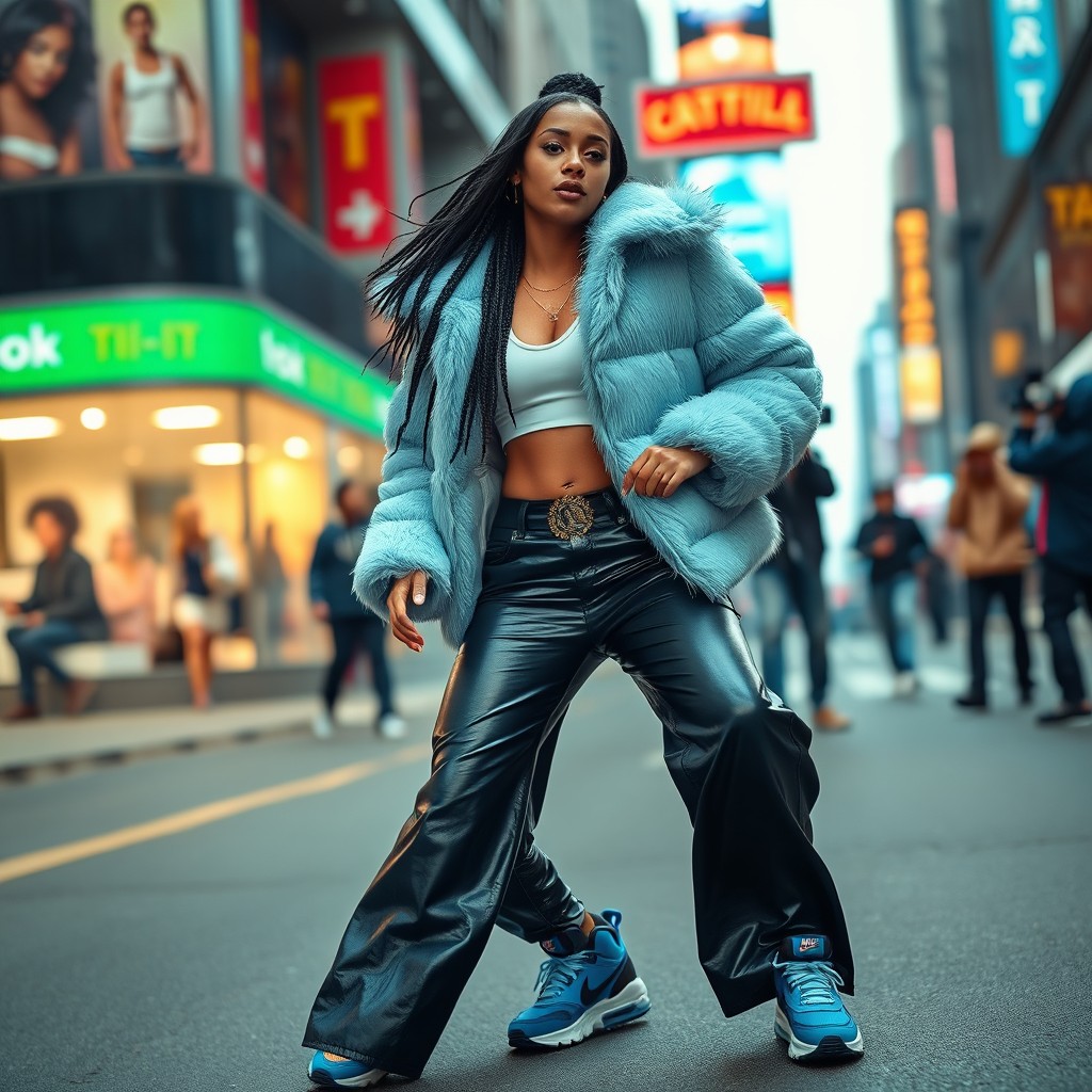 A beautiful female rapper wearing a light blue fur puffer jacket and wide-bottom leather jeans