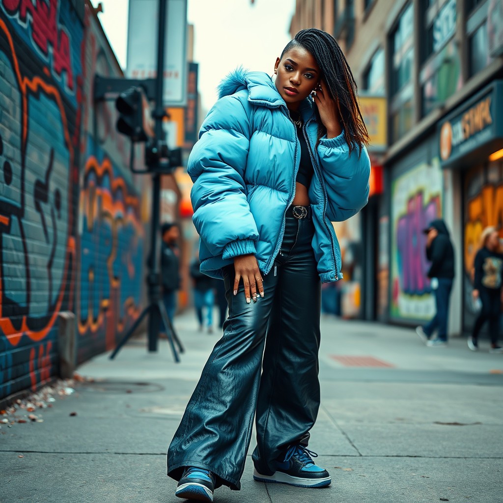 A beautiful female rapper dressed in a light blue fur puffer jacket and wide leather jeans at the bottom, wearing blue and black Nike Air Rift sneakers, filming a music video