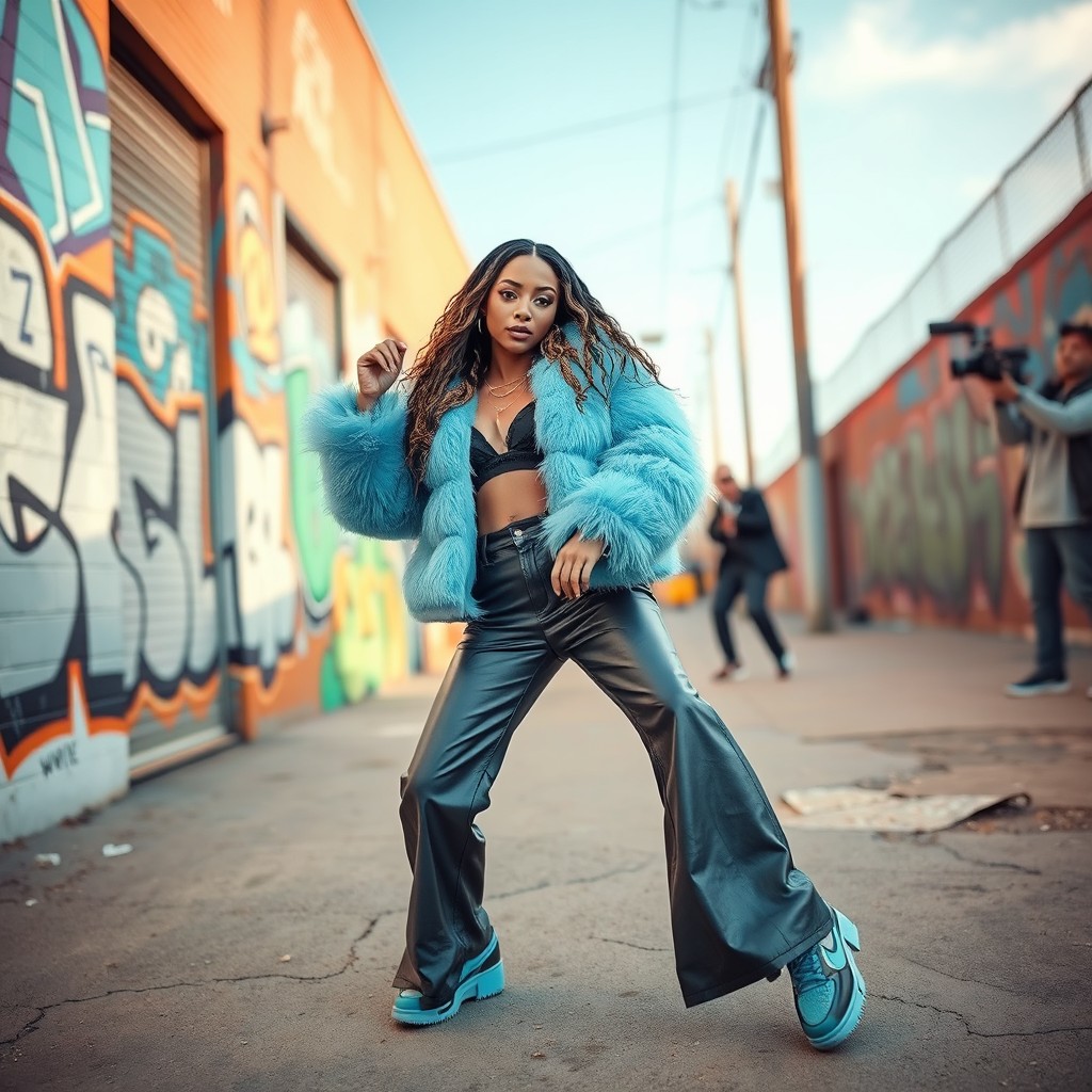 A beautiful female rapper dressed in a sky blue fur puffer jacket, wearing wide leather jeans at the bottom, and stylish sky blue and black Nike Air Rift shoes, performing in a vibrant urban setting while shooting a music video