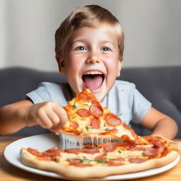 A young boy enjoying a large slice of pizza with a joyful expression on his face.