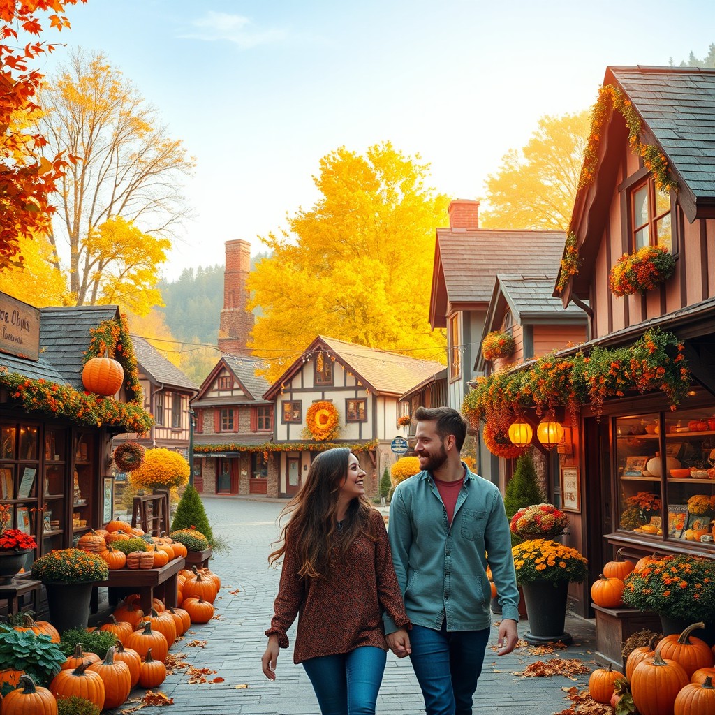 A picturesque village scene during an autumn festival, featuring a charming bookstore with colorful fall decorations