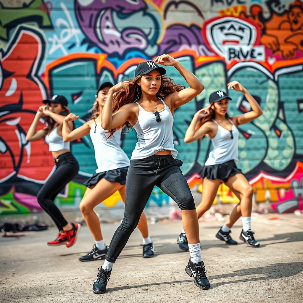 A dance choreography featuring female dancers wearing black and white outfits and caps, performing energetically in front of a vibrant urban backdrop