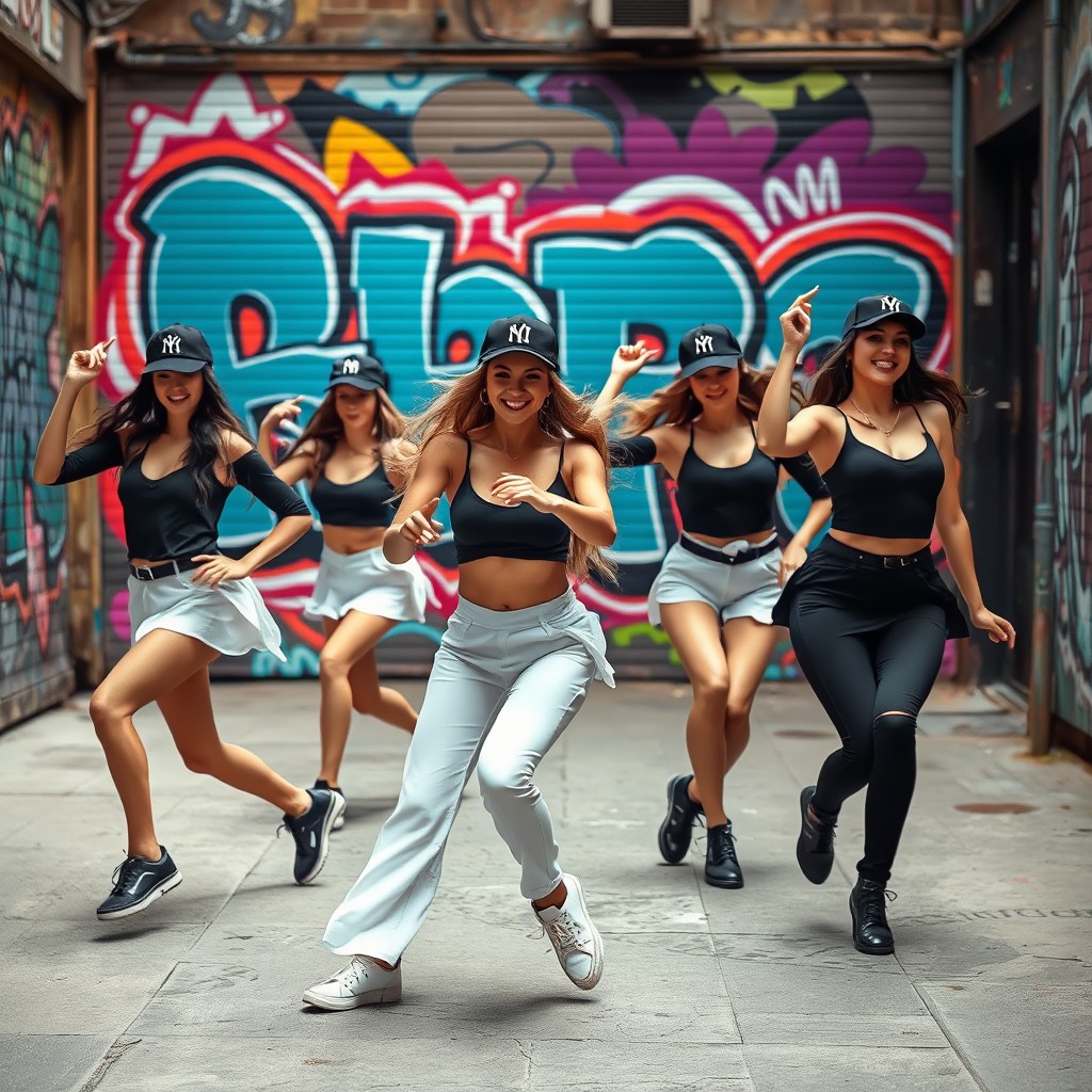 A dynamic dance choreography featuring female dancers wearing stylish black and white caps and outfits, performing energetically in front of a vibrant urban background