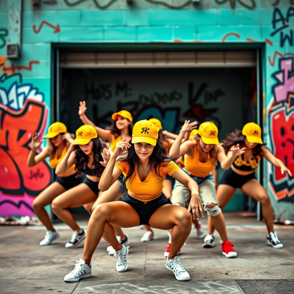 A dynamic dance choreography featuring several female dancers wearing yellow and black caps, showcasing their skills in front of a vibrant garage adorned with colorful graffiti on the walls
