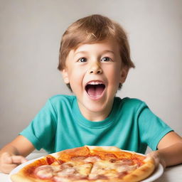 A young boy enjoying a large slice of pizza with a joyful expression on his face.