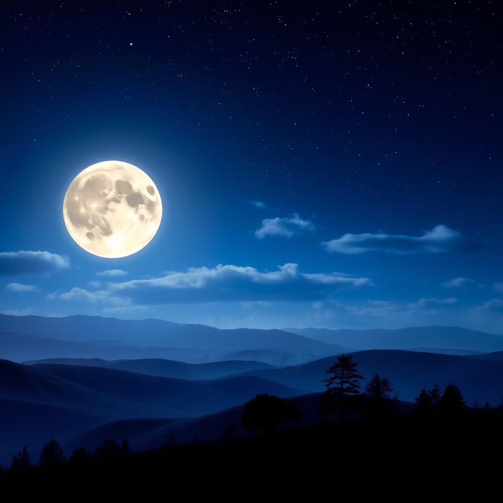 A stunning view of a full moon glowing brightly against a starry night sky, with soft clouds drifting past
