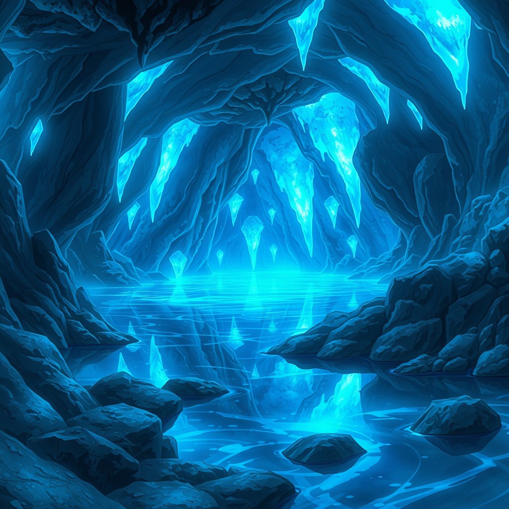 An underground cave filled with glowing blue light crystals illuminating the rock walls, casting an ethereal glow throughout the setting