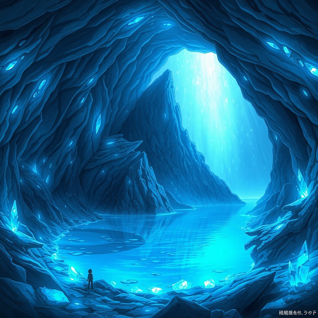 An underground cave adorned with glowing blue light crystals that illuminate the rugged rock walls, creating a mystical ambiance