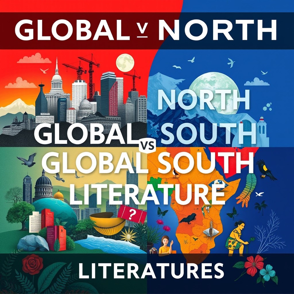 A visually striking poster design showcasing the themes and contrasts between Global North and Global South literatures