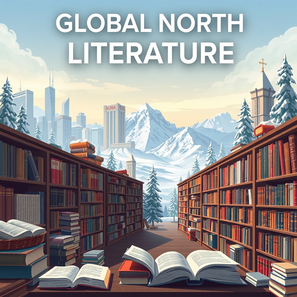 A captivating poster showcasing Global North literature, featuring a serene library scene filled with classic works from authors like F
