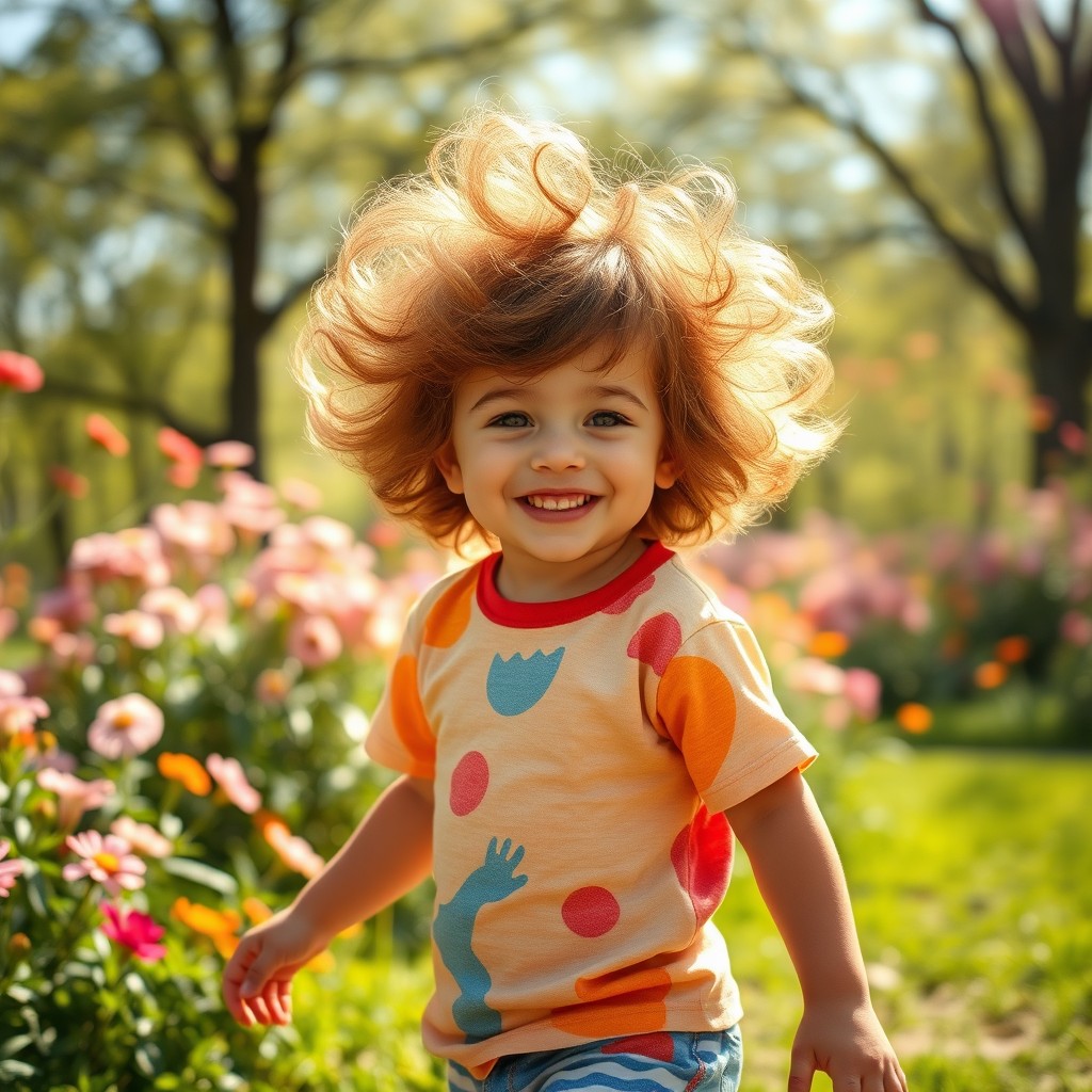 A boy with big, fluffy hair, smiling adorably, standing in a sunny park filled with blooming flowers