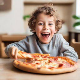 A young boy enjoying a large slice of pizza with a joyful expression on his face.