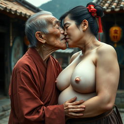 In a medieval Chinese village, an elderly Indonesian woman, very petite and malnourished, is depicted wearing a long, fully-closed Buddhist robe, medium-length hair, and medieval earrings